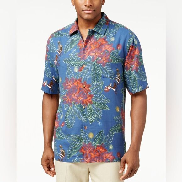Tommy Bahama Christmas short sleeve Hawaiian shirt with reindeer and poinsettia - Picture 1 of 13